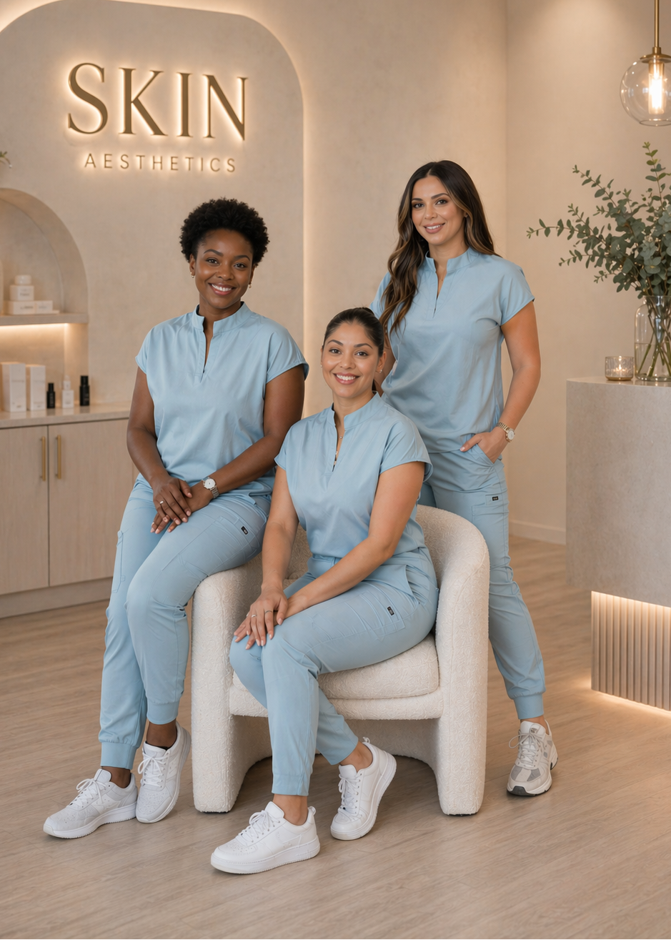 Three women in matching light blue solo scrubs premium uniforms posing in a skincare clinic.